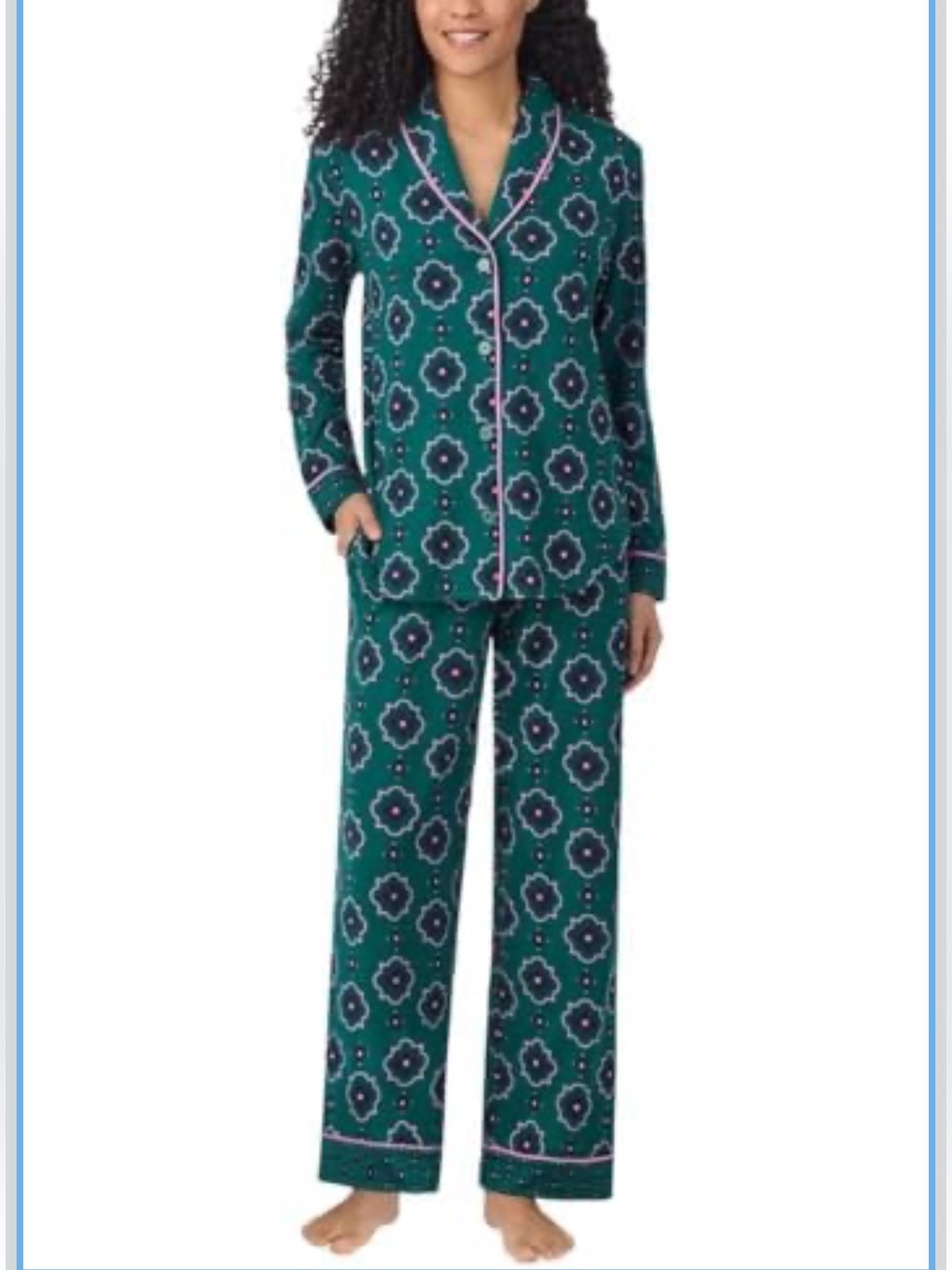 Room Service Womens Green Geo Shawl Collar Pajamas Classic - Medium